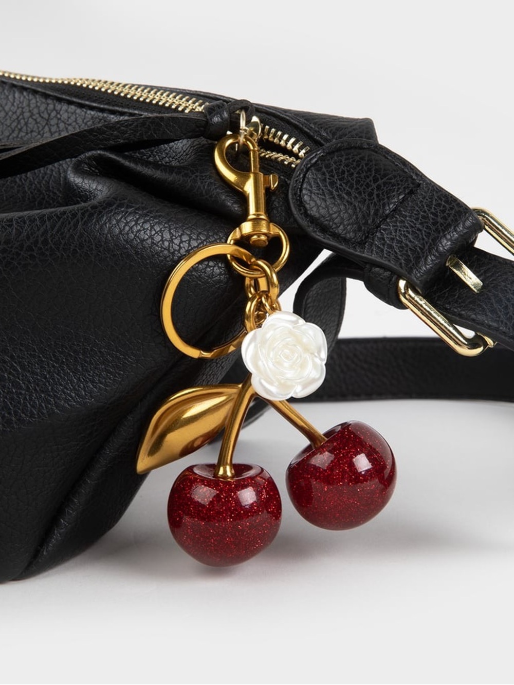 Full Tilt Gold-Tone Cherry Keychain with Red Glitter Cherries and White Rose - Picture 6 of 6
